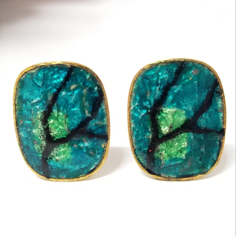 Vintage Aqua Blue and Green Enamel Square Bracelet & Earring Set Boho Chic